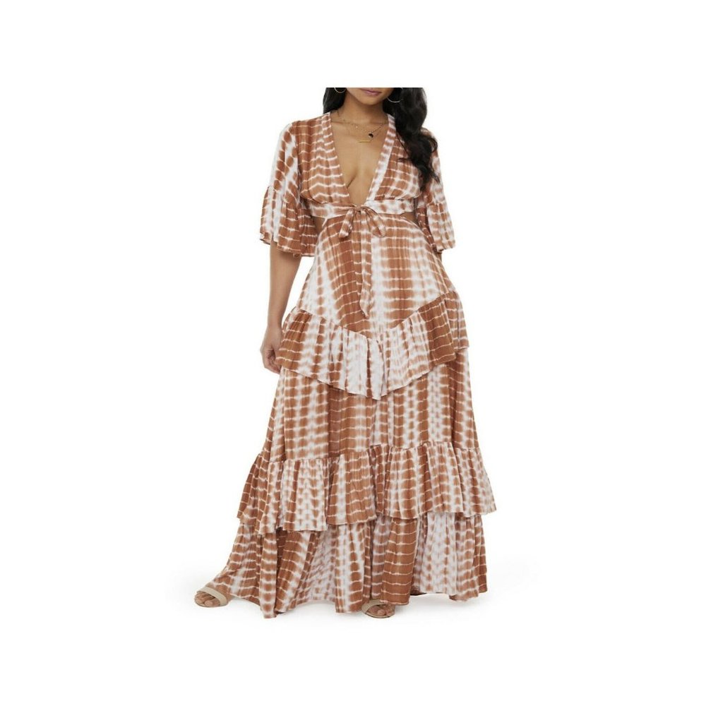 Vici X Nordstrom Tie Dye Plunge Neck Tiered Ruffle Maxi Dress Sz S - Picture 2 of 14